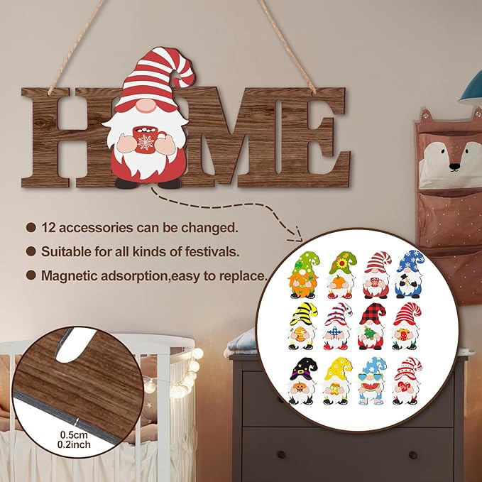 Yookeer 13 Pcs Interchangeable Gnome Home Sign Wood 3D Christmas Winter Seasonal Door Decor Rustic Farmhouse Home Decoration for Holiday Wall Decor Gift(Dark Brown)