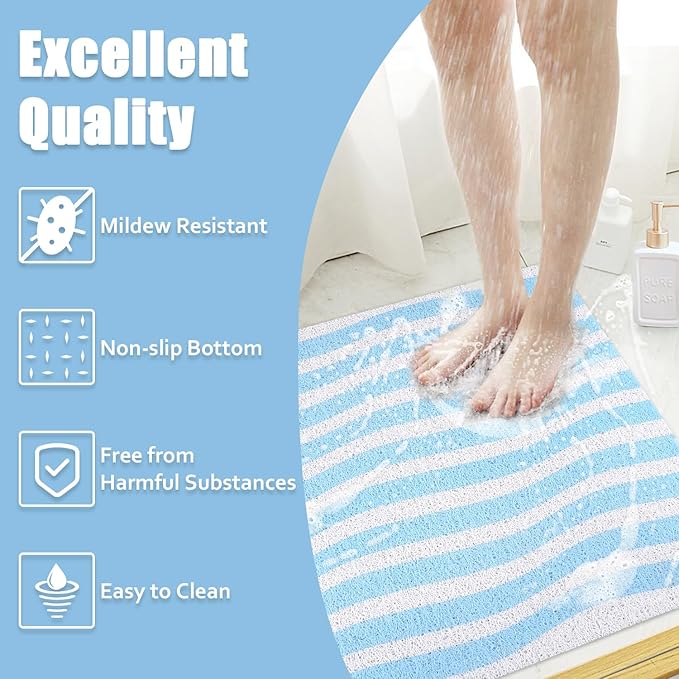 Non Slip Shower Mat, 24x24 Inch, Soft Comfortable Shower Floor Mat with Drain, PVC Loofah Bath Mat for Shower, Bathroom and Wet Areas, Quick Drying Easy Cleaning