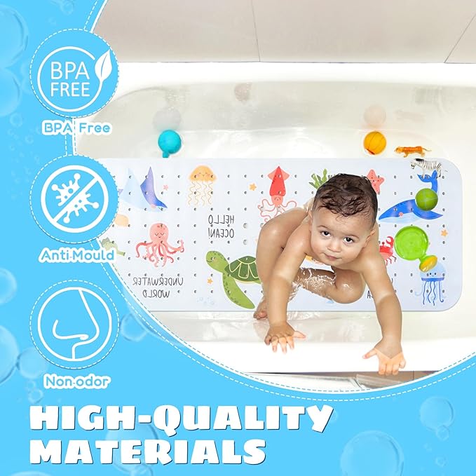 Baby Bath Mat for Tub Non Slip Kids Bathtub Mat Extra Long 40X16 Inch Toddler Bath Tub Shower Mat Anti Slip with Suction Cups & Drain Holes, Machine Washable (Under The sea)