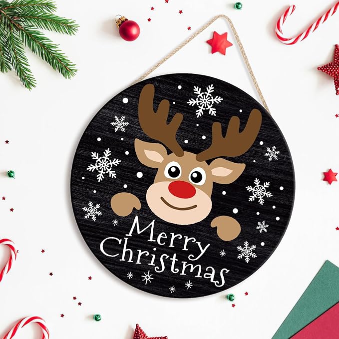 CHDITB Merry Christmas Sign,Reindeer Welcome WOOD SIGN, Farmhouse Round Xmas WOODEN SIGN,Funny Winter Wooden Door Hanger Decorative,Funny Holidays Deer Face Wooden Front Door Hanger
