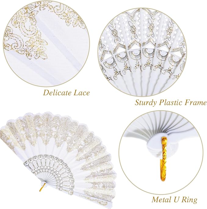 QIRMIZI 10 Pack Folding Handheld Fans,Silk Spanish Fan, Perfect for Weddings, Parties, and Dancing,White