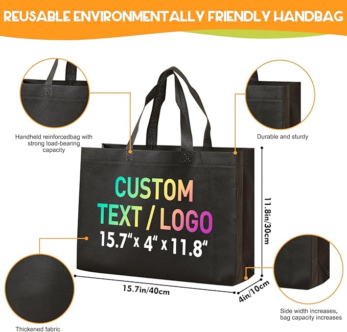 KQVXZZB Custom Reusable Grocery Bags with Logo & Text Printing 10/50/100PACK- Eco-Friendly Promotional Tote Bags for Businesses, Bulk Orders, Events, Retail (Durable/Washable/Multi-Use)