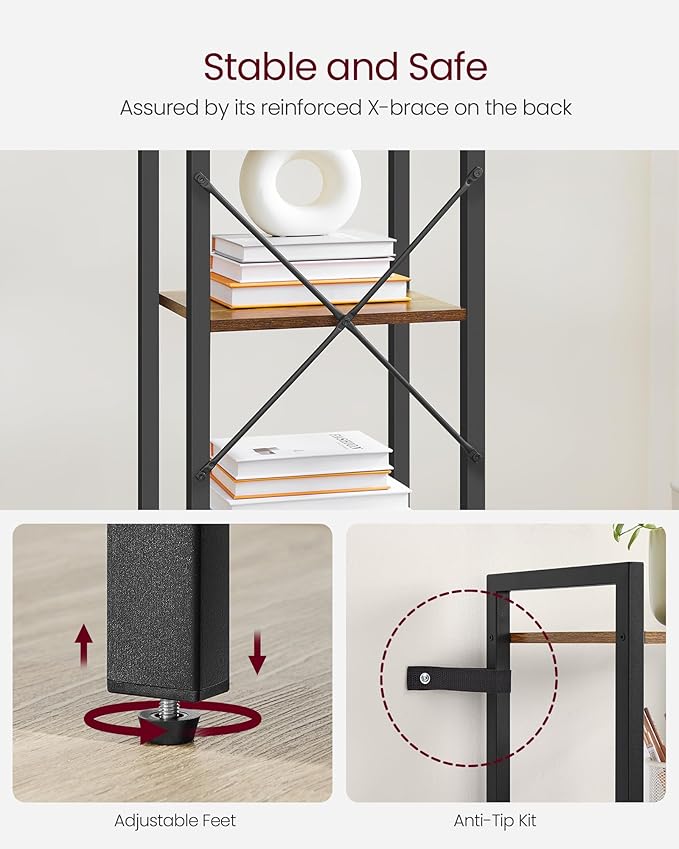 VASAGLE 5-Tier Bookshelf, Bookcase with Steel Frame, Book Shelf for Living Room, Home Office, Study, 11.8 x 15.7 x 60.2 Inches, Industrial Style, Rustic Brown and Ink Black ULLS100B01