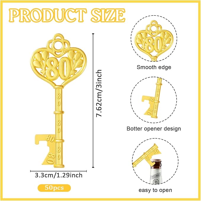 50Pcs 80th Gold Key Bottle Opener 80th Birthday Party Favors,80th Anniversary Souvenirs Return Gifts,Beer Keychain Bottle Openers With Thank You Cards For Party Birthday Wedding Shower Supplies