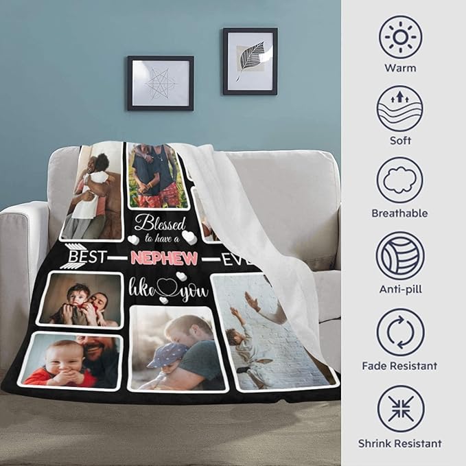 Custom Blanket Gifts for Nephew, Customized Blankets with Photos, Make a Personalized Bed Throws to My Nephew, Custom Souvenir Throw Blanket for Best Nephew Ever, 8 Collages Made in USA