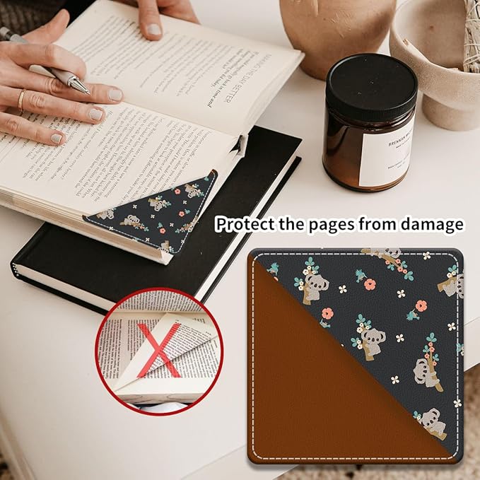 Cute Leather Bookmarks, Fun Triangle Making Corner Bookmark, Book Accessories for Reading Book Lovers, Unbreakable Page Markers for Women Men Cute Koala Flowers