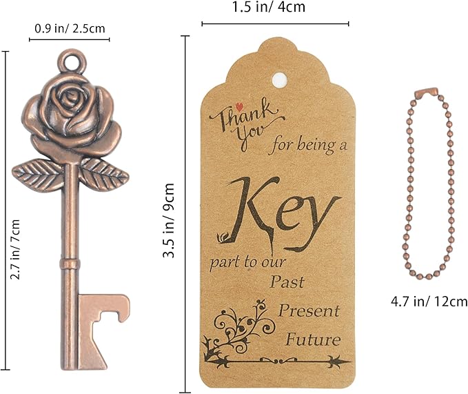 Aokbean 100 PCS Wedding Favors Rose Key Bottle Opener for Bulk Wedding Guests Gifts Vintage Skeleton Key Opener with Escort Tag Cards and Keychain (Copper)