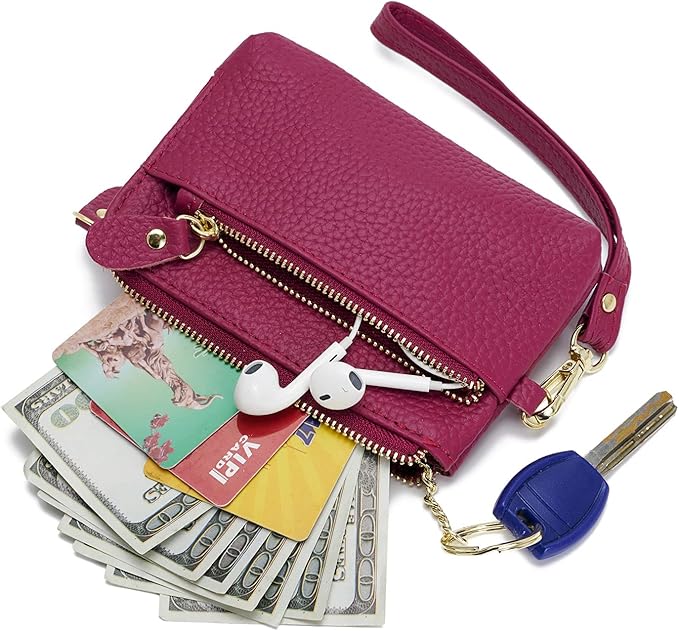 Genuine Leather Coin Purse for Women with Large Opening & Wrist Strap Navy (Rose)