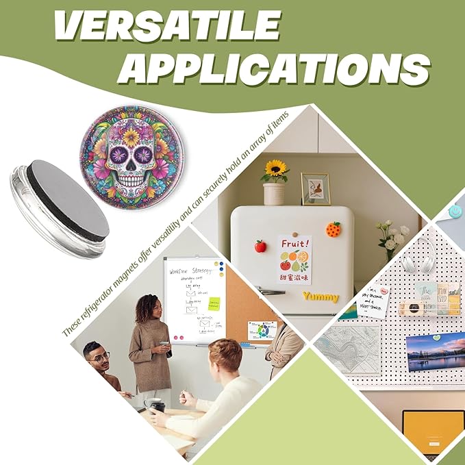 Fridge Magnets 6 Pcs Colorful Sugar Skull with Flowers Round Strong Magnetic Glass Small Refrigerator Magnet,Home Decoration for Office Whiteboards,Classrooms,Cabinet and Dishwasher