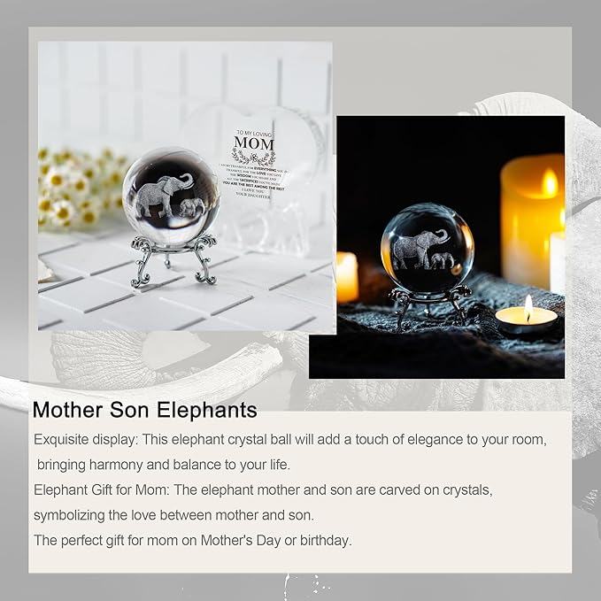 ZEERSHEE 60mm 3D Glass Laser Engraved Mother Son Elephants Crystal Ball with Stand Decorative Sphere Elephant Gifts for Women