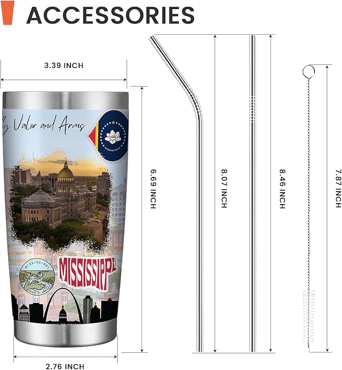 20oz Insulated Tumbler Mississippi State Coffee Mug, United States Map Travel Mug Landmark, Birthday Gifts Cute Custom Tumbler Cups with Lid and Straw Mothers Day Gifts