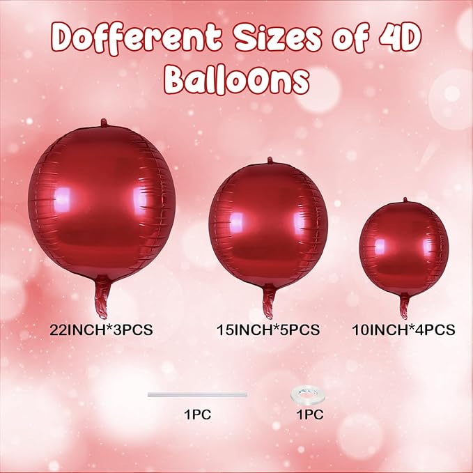 12PCS Red Round Foil Balloons, 22" 15" 10" Large 4D Ball Balloons Metallic Red Mirror Balloon for Graduation Christmas Valentines Galentines Day Wedding Birthday Party Decorations