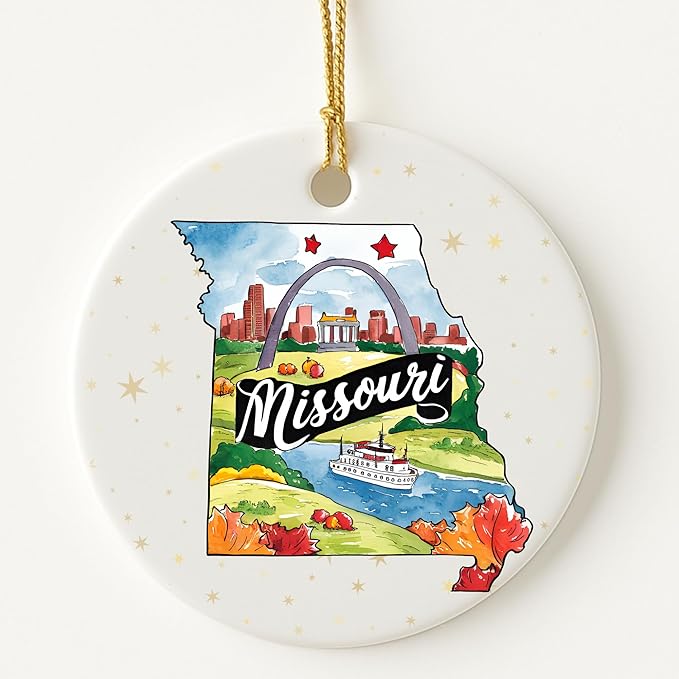 USA State Landmark Ceramic Ornament – Round Glossy Christmas Decoration Featuring U.S. State Art, Landmarks & Holiday Scenery – Collectible Travel Souvenir Ornament Series (Missouri)