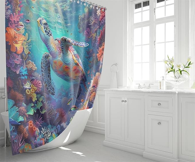 4 Pcs Kids Shower Curtain Set - Sea Turtle Shower Curtain Set Sea Turtle Bathroom Set with Rug,Toilet Cover and Bath Mat with 12 Hooks