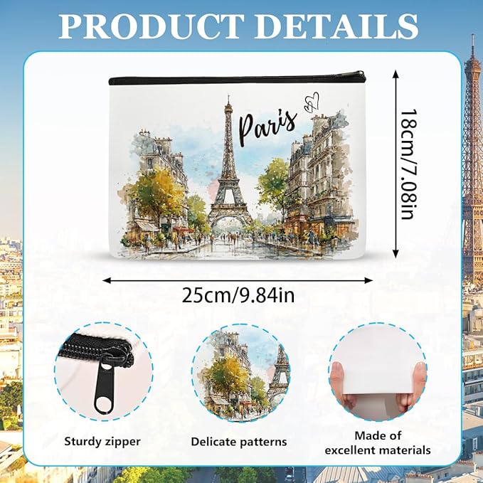 Paris Makeup Bag Gifts for Women – Paris Souvenirs From France Travel Essentials Watercolor Cosmetic Bag with Eiffel Tower Design, Travel Pouch for Girl Toiletries Souvenir Organizer