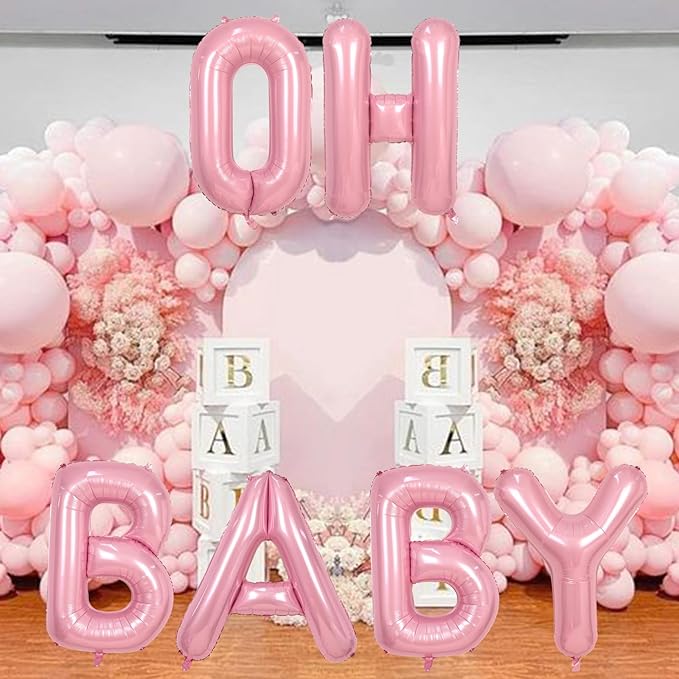 40 Inch Pastel Pink OH BABY Balloon for Baby Shower, Large Light Pink OH BABY Balloon Letters with Ribbon, Pearl Pink Alphabet Balloons Banner Sign for Girl Birthday Party Backdrop Decorations