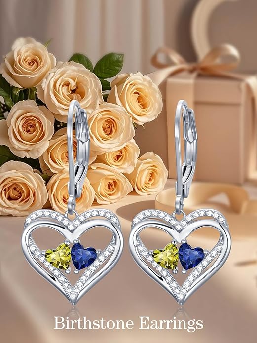 Heart Leverback Earrings Double Birthstone Dangle Earrings for Women, Love Jewelry for Her, Christmas Gifts for Women, Anniversary Birthday Gift for Mom Wife Girlfriend