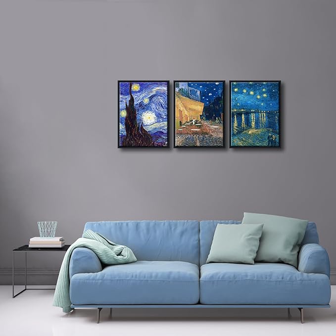 Wieco Art Framed 3 Panels Canvas Prints of Vincent Van Gogh Paintings Reproduction Starry Night Over the Rhone Cafe Terrace at Night Canvas Wall Art for Home Office Decor