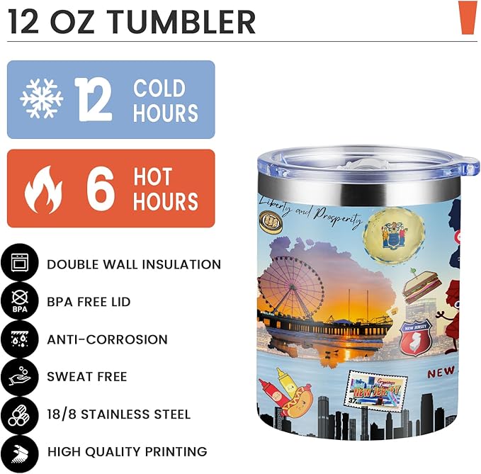 12oz Coffee Mug New Jersey State Insulated Coffee Cups, United States Map Travel Mug Landmark, Birthday Gifts Cute Mugs with Lid and Straw Gifts for Mom