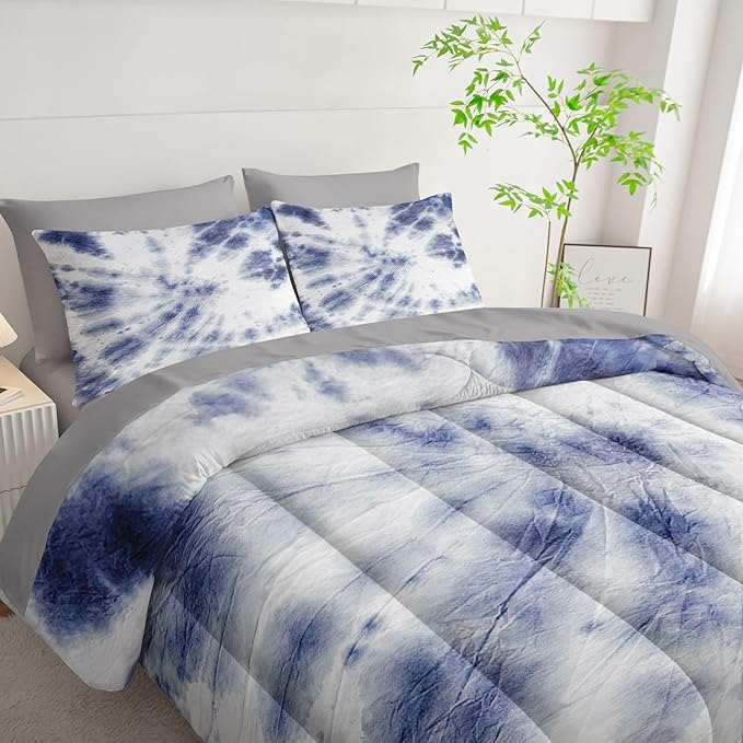 7Pcs Comforter Set Blue Tie Dye Printed Bedding Set with 1 Comforter, 1 Flat Sheet, 1 Fitted Sheet and 4 Pillowcases for Boys and Girls Bedroom All Season(Tie Dye Queen)