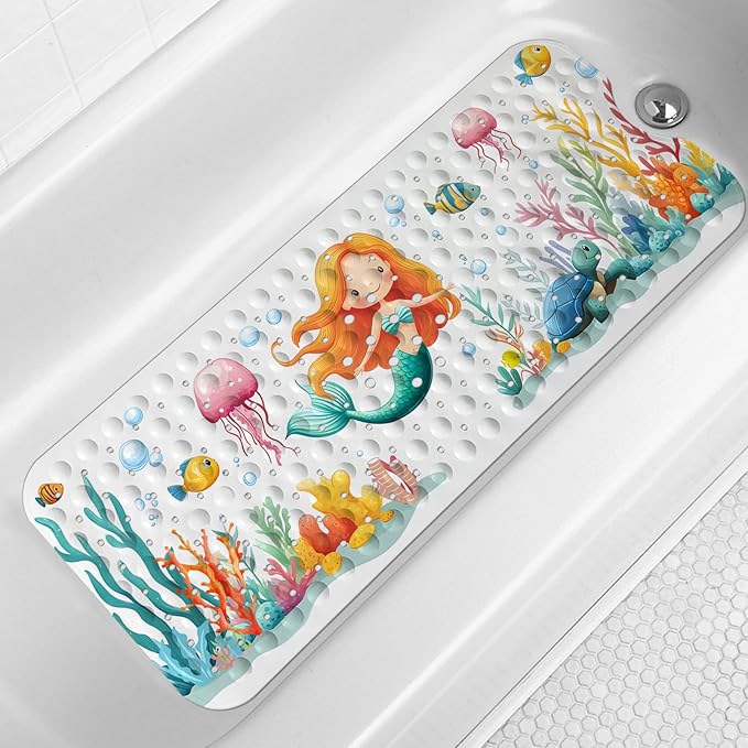 LNOND Bath Mat for Tub for Kids, Toddler Bathtub mat Non Slip, Sea Mermaids Kids Bath Mats for Bathroom Non Slip with Drain Holes and Suction Cups,Machine Washable (40 X 16 Inch)