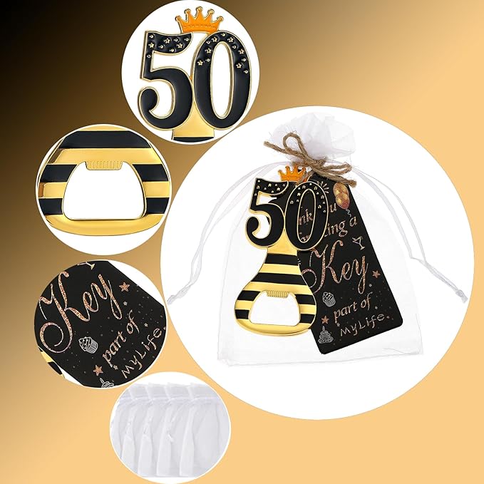 24pcs 50th Gold Keychain Bottle Opener 50th Birthday Party Favors, 50 Keychain Beer Bottle Opener Favors Anniversary Souvenirs Return Gifts for Guests Party Decor Supplies (black 50)
