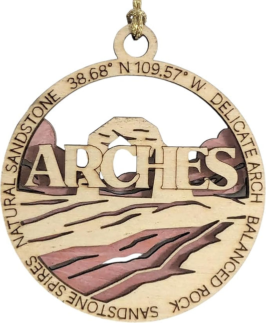 Arches National Park Christmas Ornament - 3" Handcrafted Wood, Laser Cut 2-Layer Design with Color Scene - Utah Gift, Made in USA