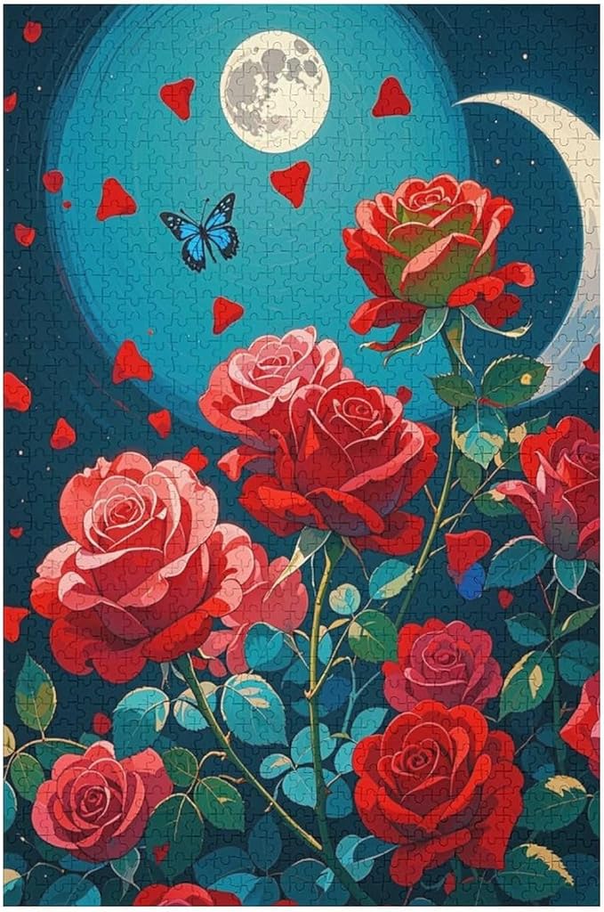 Jigsaw Puzzles for Adults 1000 Piece - Butterfly Red Rose Garden Wooden Puzzles, Puzzle Games, Stress Relief Games, Funny Puzzles，Unique Gifts for Wall Art，Family Puzzles