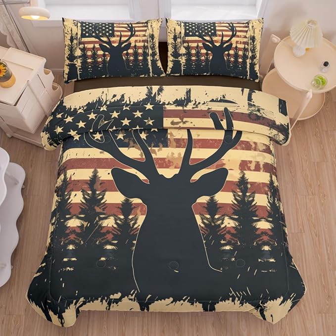 Deer Comforter Set - Twin 5PCS with Sheets, American Flag Comforter Set for Hunter Bedroom Decor, Bedding Set for Boys, Adults, Teens