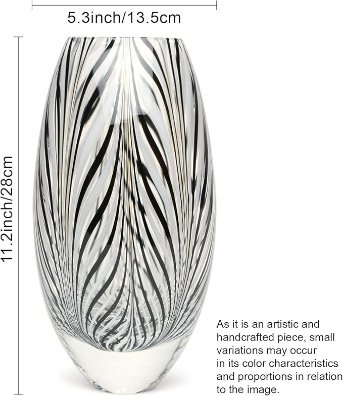 Ca D Oro Murano Style Glass Vase Black and White Feather Pattern Hand Blown Art Glass for Flower, Room Decoration and Centerpiece - Model 54 MS