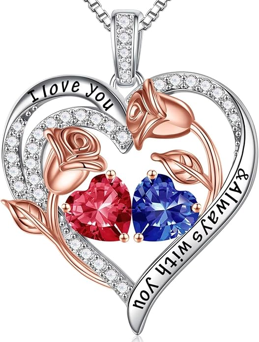 Iefil Valentines Day Gifts for Her - 925 Sterling Silver Rose Heart Birthstone Necklace Birthday Anniversary Jewelry Gifts for Her Wife Mom Daughter