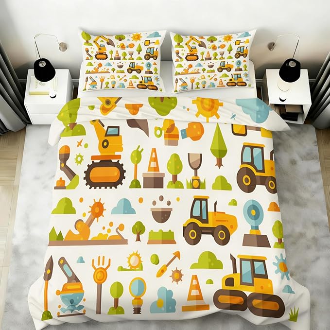 Cartoon Construction Vehicles Bedding Set Full Size Excavator Bulldozer Duvet Cover Colorful Engineering Comforter Cover Kids Construction-Themed Bedding Set Soft Microfiber for Bedroom