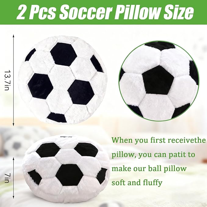 2 Pcs Soccer Pillow, Soft Fluffy Round Cushion Soccer Shaped Throw Pillows, Sports Theme Plush Pillow, Ideal Couch, Bedroom & Soccer Room Decor (15.8 Inch)
