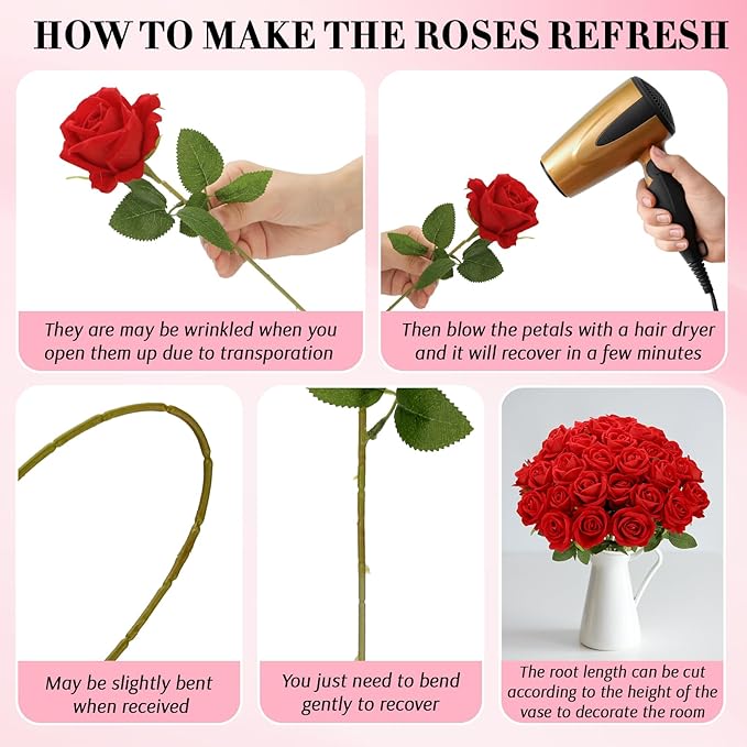 Roses Artificial Flowers, Fake Velvet Silk Roses in Bulk for Home Decor Indoor, Fake Roses Realistic Flowers with Stems for Wedding Centerpiece Party Decor (24, Red)