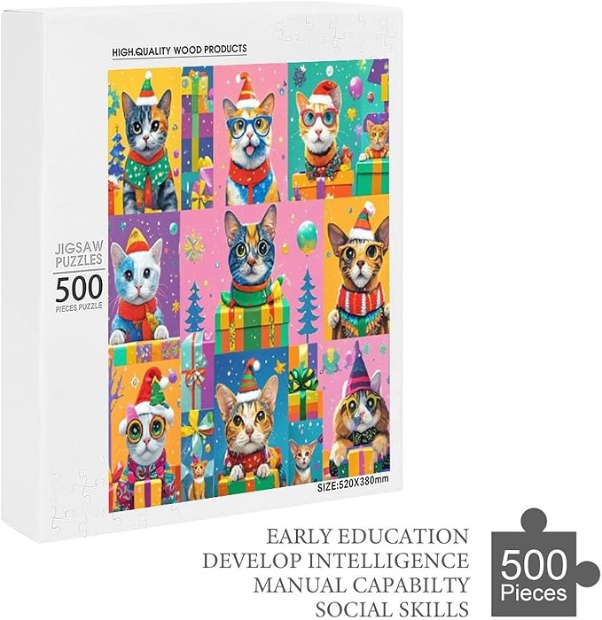 Wooden Puzzle 500 Pieces Adult - Christmas Dog Cat Puzzle Christmas Puzzles, Holiday Puzzles, Family Toys, Party Games, Jigsaw Puzzle Challenge and Funny