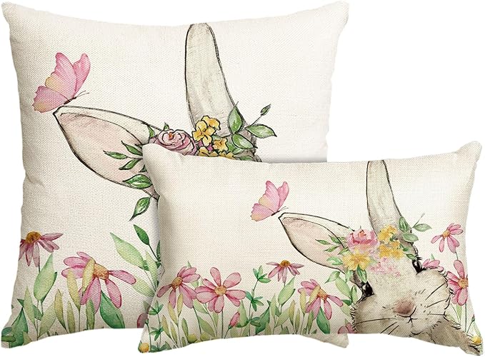 AVOIN colorlife Easter Floral Garland Bunny Throw Pillow Cover Set of 2, 12 x 20 and 18 x 18 Inch Spring Rabbit Holiday Cushion Case Decoration for Sofa Couch
