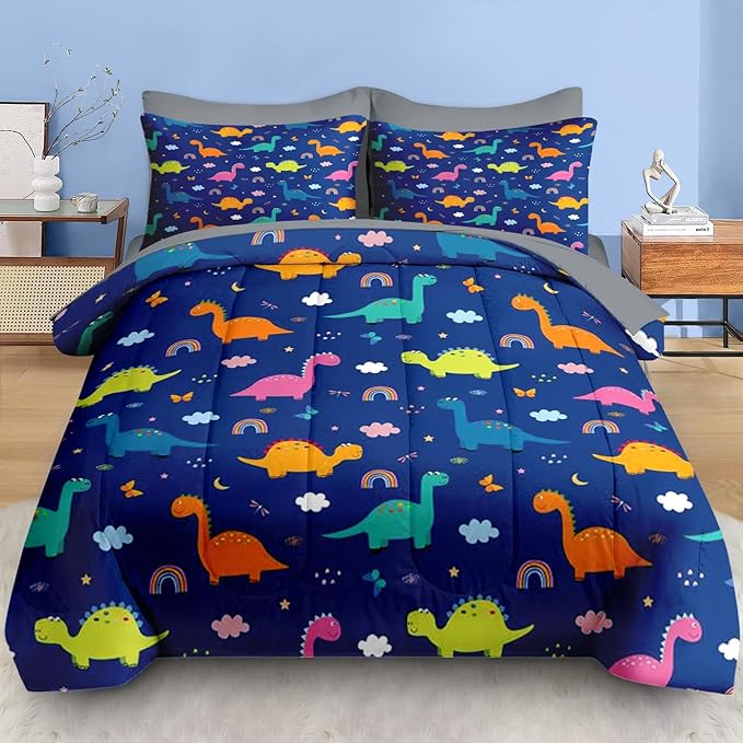 Comforter Set Twin Size, Cute Dragon Grey 5 Pcs Bedding for Kids and Adults, Colorful Wildlife Funny Bed Sheet Sets with Fitted Sheet Pillowcase & Sham for Bedroom Bed Decor