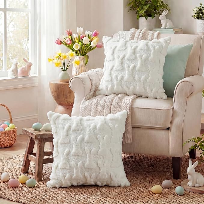 AVOIN colorlife Easter Rabbits Cream White Throw Pillow Covers, 18 x 18 Inch Bunny Soft Plush Faux Fur Jacquard Cushion Case Decoration for Sofa Couch Set of 2