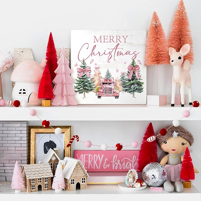 Mtrgdn Pink Merry Christmas Decor Sign,Christmas Pink Bow Truck Tree Box Signs,Winter Xmas Decorations for Home Bathroom Bedroom Office Table Desk Shelf Wall,Xmas Gifts for Women Girls Friends,5x5 Inch