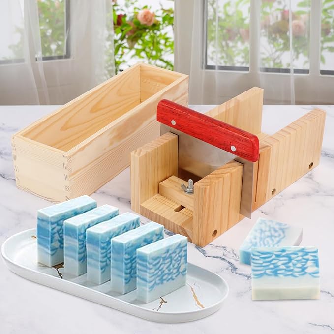 Premium Soap Making Kit with 3PCS 42oz Silicone Moldss & Wooden Box & Two Cutter, Complete Crafting Set for Pour or Cold Process Soap, by GNIEMCKIN