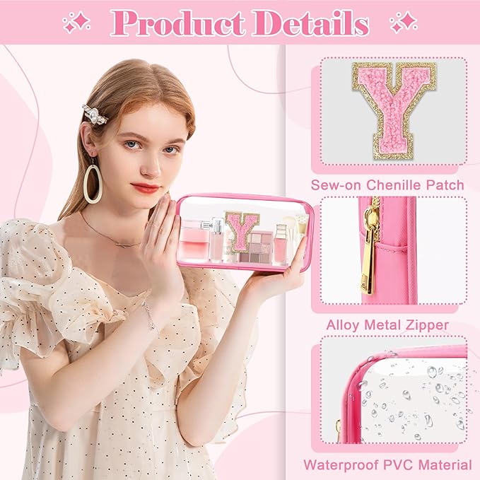 Personalized Initial Letter Clear Makeup Bag,Preppy Small Nylon&PVC Cosmetic Zipper Bag with Chenille Letter,Portable Beach Travel Skincare Toiletry Bag,Trendy Monogram Gift for Teen Girls Women,Y