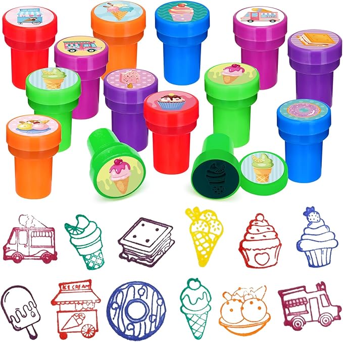 Cinrobiye 24 Pcs Ice Cream Stampers, Candy Donut Party Favors Sweet Themed Birthday Supplies Pre-Inked Classroom Prizes Treat Bag Fillers for Girls Boys Fiesta Pinata Gifts
