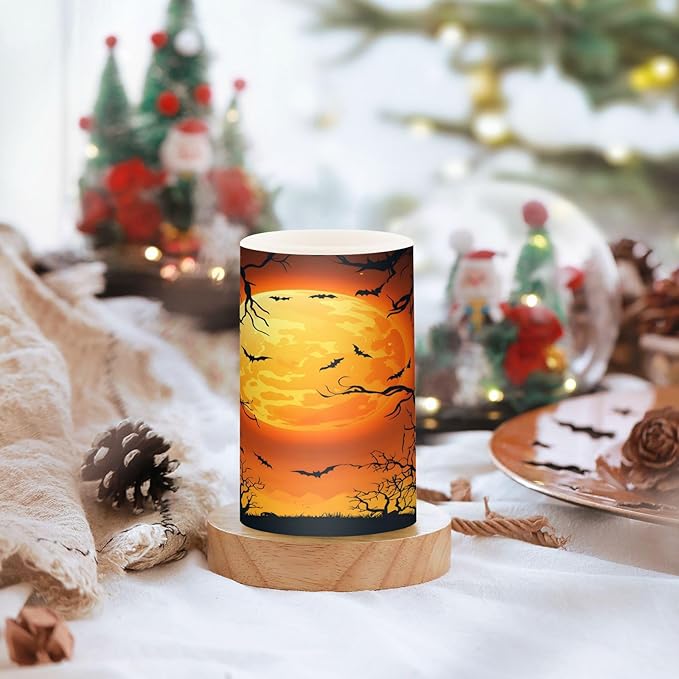ALAZA Halloween Moon Tree Bat Flickering Flameless Candles Battery Operated with Remote Timer,Tea Light Candles LED Pillar Votive Candles Set of 2 for Outdoor Indoor Decorations