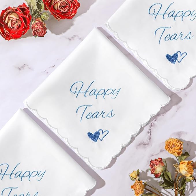 Wedding Handkerchief Something Blue for Bride, Mother Father of the Brides Groom Gifts, Embroidered Happy Tears Cotton Hanky
