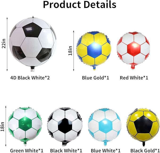 8Pcs Soccer Foil Balloons Set, 22 inch 4D Soccer Mylar Foil Balloons and 18 inch Multicolor Football Foil Balloons for Boys Kids Soccer Ball Fans Birthday Party World Cup 2022 Decoration Supplies