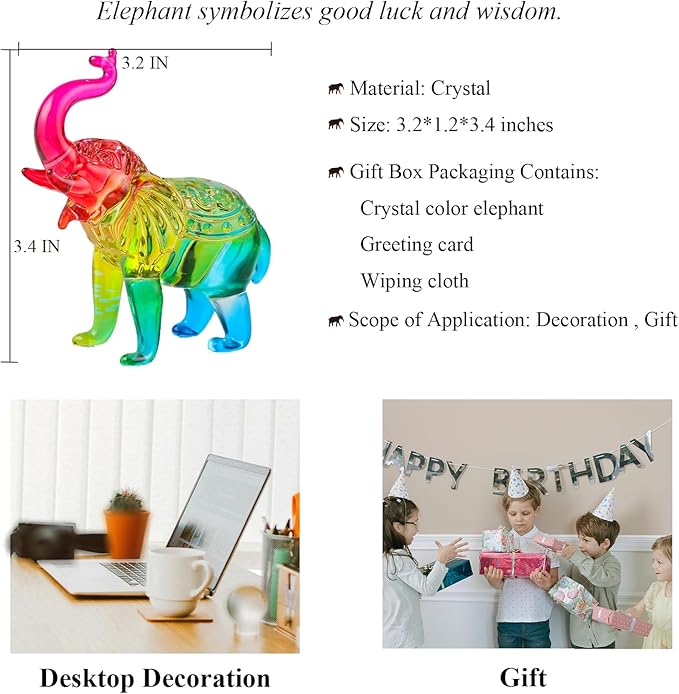 Crystal Elephant Figurine Home Decor, Glass Elephant Statue Gifts for Women Men, Crystal Animals Collectible Figurines Tabletop Decoration Elephant Sculpture with Trunk Up Ornaments (Color)