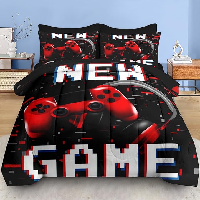 Comforter Set Queen Size, Retro Gaming Gamepad 7 Pcs Bedding for Kids and Adults, Play Computer Video Games Bed Sheet Sets with Fitted Sheet 2 Pillowcases & 2 Shams for Bedroom Bed Decor