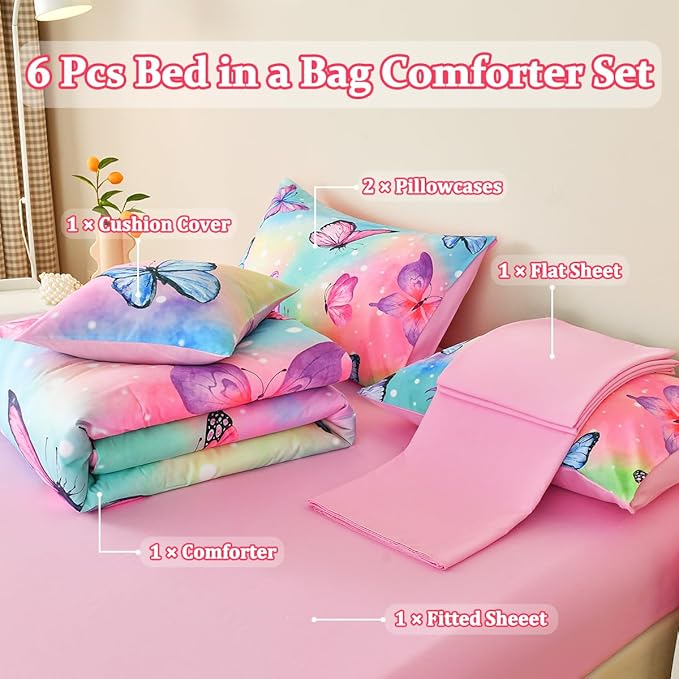 6 Pcs Bed in A Bag Twin Comforter Set for Girls,Pink Butterfly Bedding,Butterfly Comforter Sets with Sheets for Kids