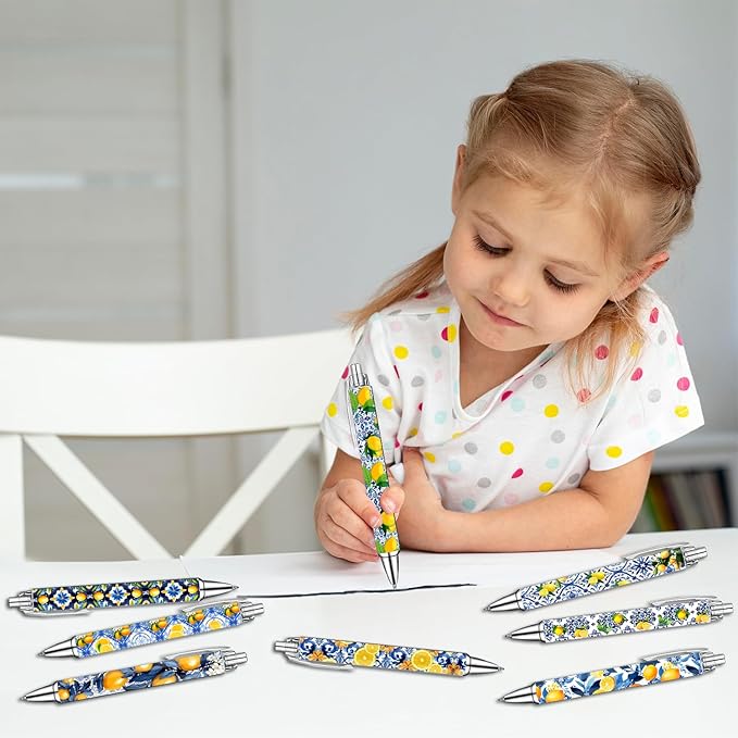 Capri Lemon Pens Set – Mediterranean-Inspired Ballpoint Pens for Girls, Students, and Stationery Lovers – Smooth Writing Pens for School, Journaling, or Gifts – Bright and Elegant Design, 8 Pack