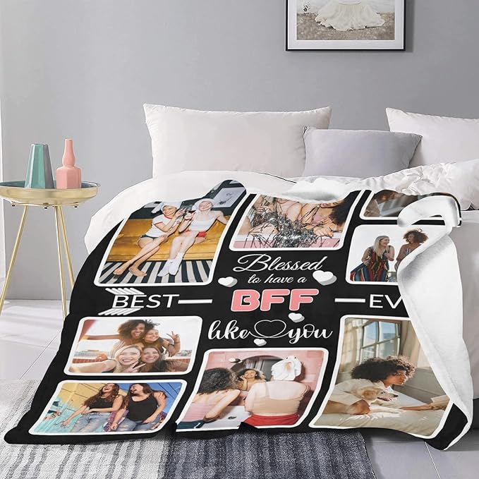 Custom Blanket Gifts for BFF, Customized Blankets with Photos, Make a Personalized Bed Throws to My BFF, Custom Souvenir Throw Blanket for Best BFF Ever, 8 Collages Made in USA